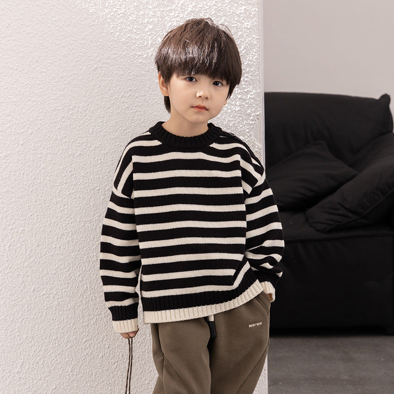 Elmo Beibei Children's 2023 Winter Thickened Sweater Buckle Warm Buckle Sweater for Boy and Girls អាវយឺតឆ្នូតពណ៌ផ្ទុយគ្នា