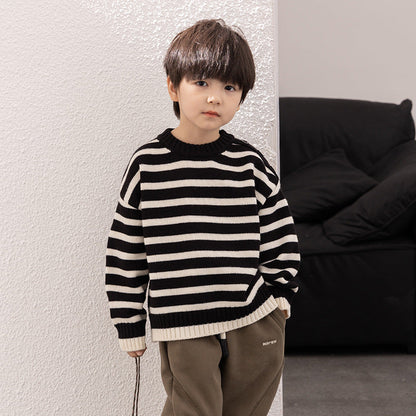 Amo Beibei children's 2023 winter thick warm shoulder button sweater for boys and girls all-match contrast color striped sweater