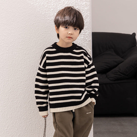 Amo Beibei children's 2023 winter thick warm shoulder button sweater for boys and girls all-match contrast color striped sweater