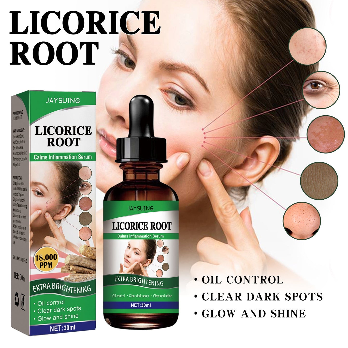 Jaysuing Licorice Facial Essence បំបាត់ស្នាមជ្រីវជ្រួញ ស្នាមមុន និងមុនក្បាលខ្មៅ ផ្តល់សំណើម សំណើម និងធ្វើអោយស្បែកភ្លឺថ្លា 