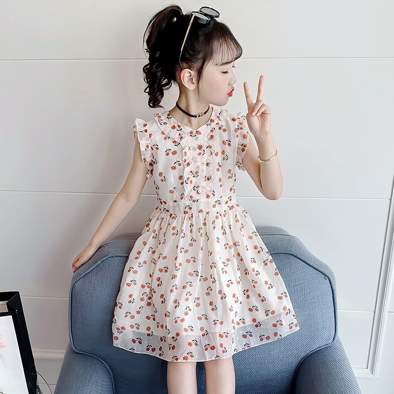 Girls summer chiffon dress 2024 new Korean version children's summer vest dress Western style big children's floral dress