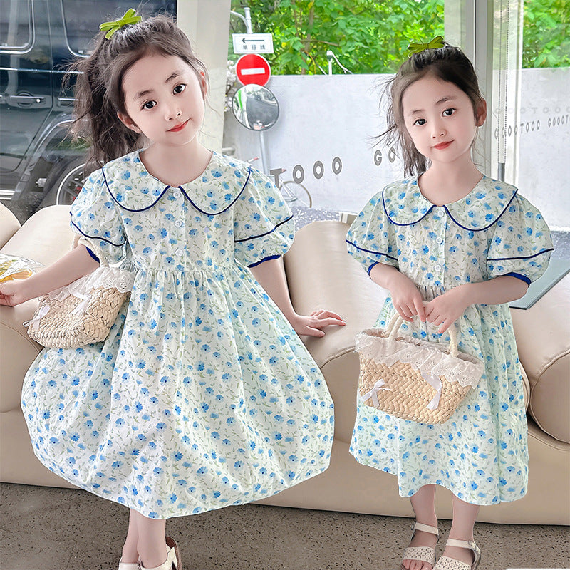 Girls summer cotton dress floral dress cotton princess dress puff sleeve blue middle and large children's pastoral style long dress