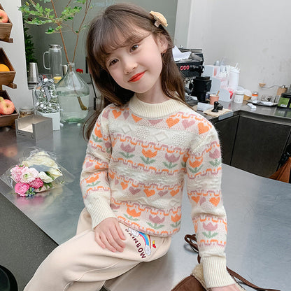 Winter girls' baby thick sweater warm pullover tulip round neck student retro Japanese forest sweater