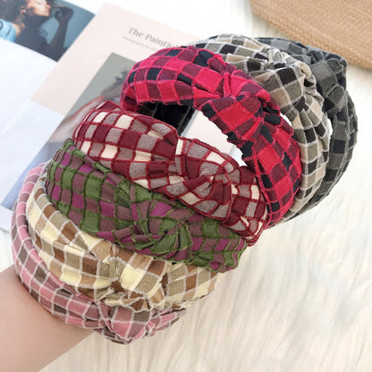 European and American Christmas headband for women Korean style cute sweet temperament knotted head buckle fabric wide edge plaid headband hair cave