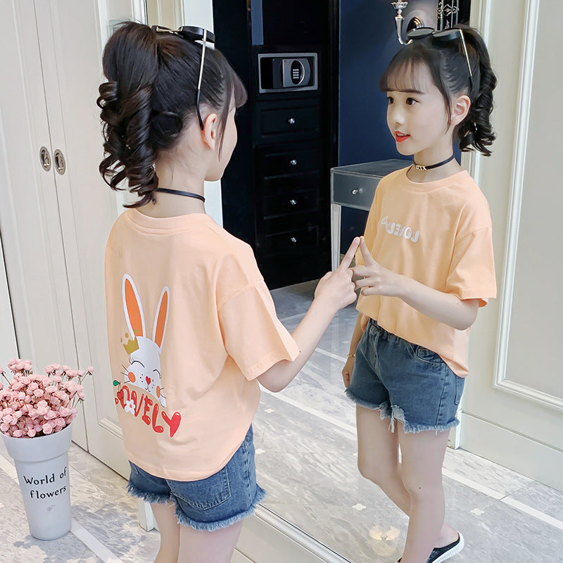 Girls short-sleeved T-shirt 2024 new summer cartoon printed cotton T-shirt fashion casual tops cute T-shirt