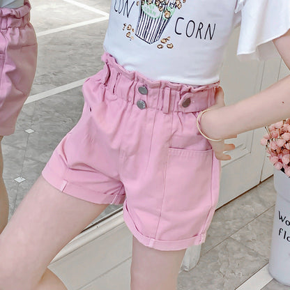 Girls summer shorts 2024 new children's clothing solid color casual flower bud shorts for middle and large children stylish cotton hot pants trend