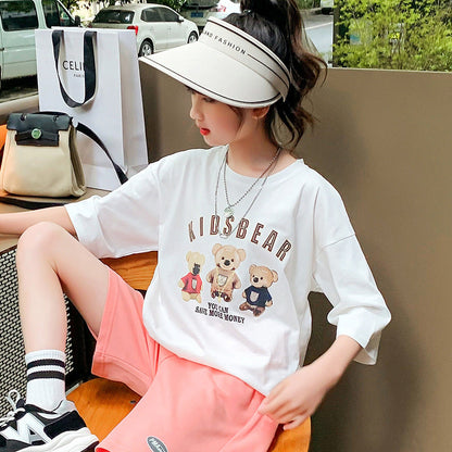 Girls summer short-sleeved T-shirt cotton loose elastic sweat-absorbent middle and large children primary school students junior high school students hypertrophy cartoon white tide