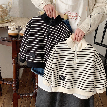 Bangcheng 24 Spring New Boys and Girls Striped Zipper Pullover Tops Children's Round Neck Children's Sweater Trend G0004