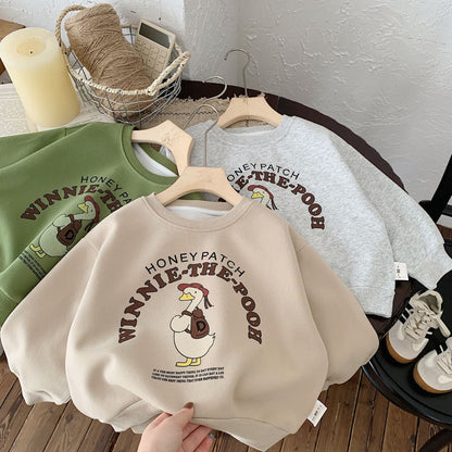 Bangcheng 24 Spring New Boys and Girls Backpack Duck Print Children's Clothing Cartoon Round Neck Children's Sweater Trend G0002 