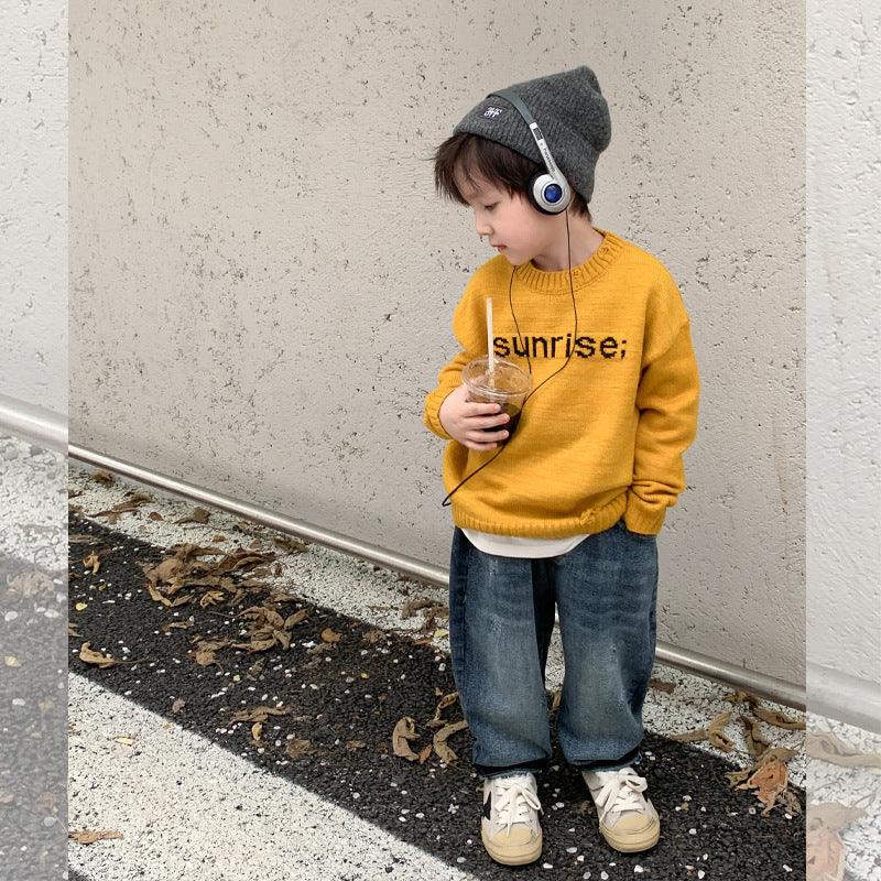 Amo Beibei boy's pants 2024 spring style handsome ripped jeans baby sand washed cotton rogue carrot pants trendy