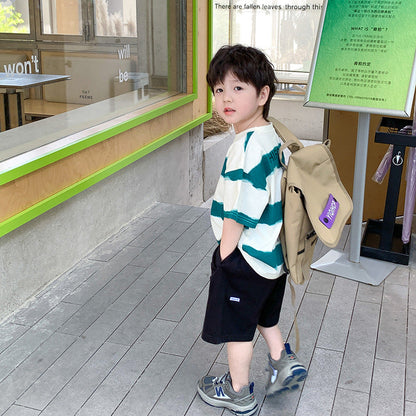 Amo Beibei 2024 summer children's tops boys handsome striped letter short-sleeved T-shirt baby loose bottom