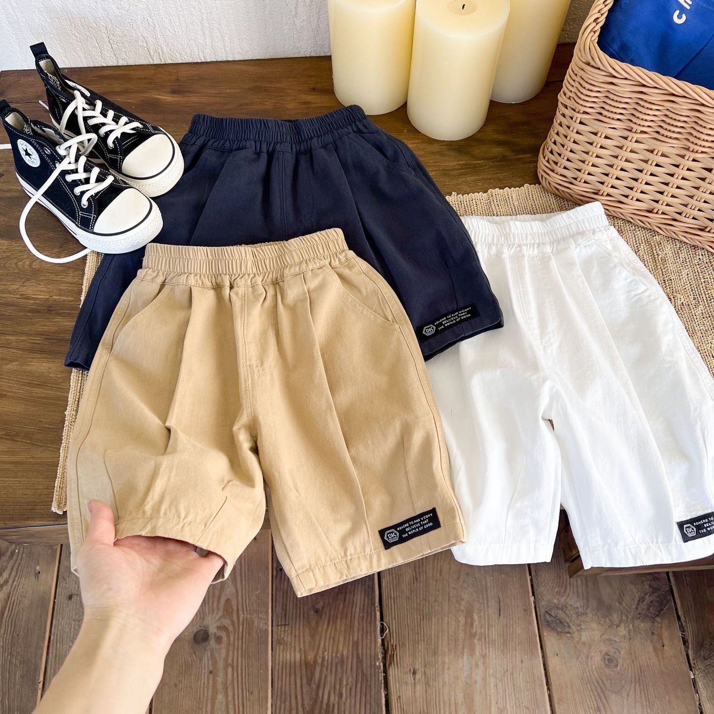 Children's clothing shorts 2024 summer new boys solid color label shorts children's casual trendy shorts versatile shorts