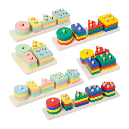 Wooden geometric shape set of columns wooden five sets of columns young children Montessori early education cognitive building blocks matching wisdom puzzle