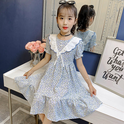 Girls short-sleeved dress 2024 summer new children's chiffon floral dress middle and large children's pastoral style dress