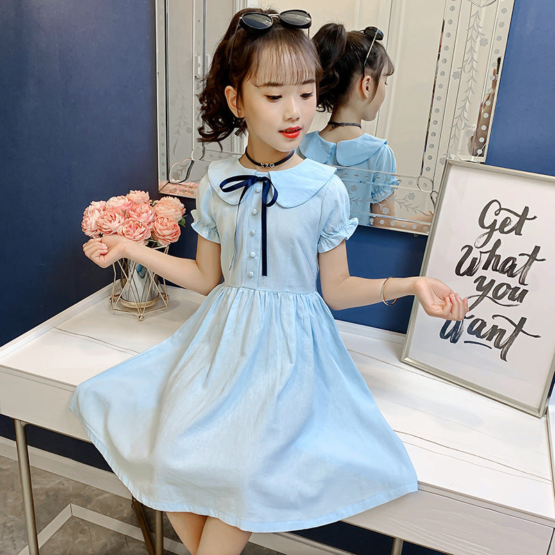 Girls short-sleeved dress summer new style solid color cotton dress pure cotton dress short-sleeved doll collar dress princess dress