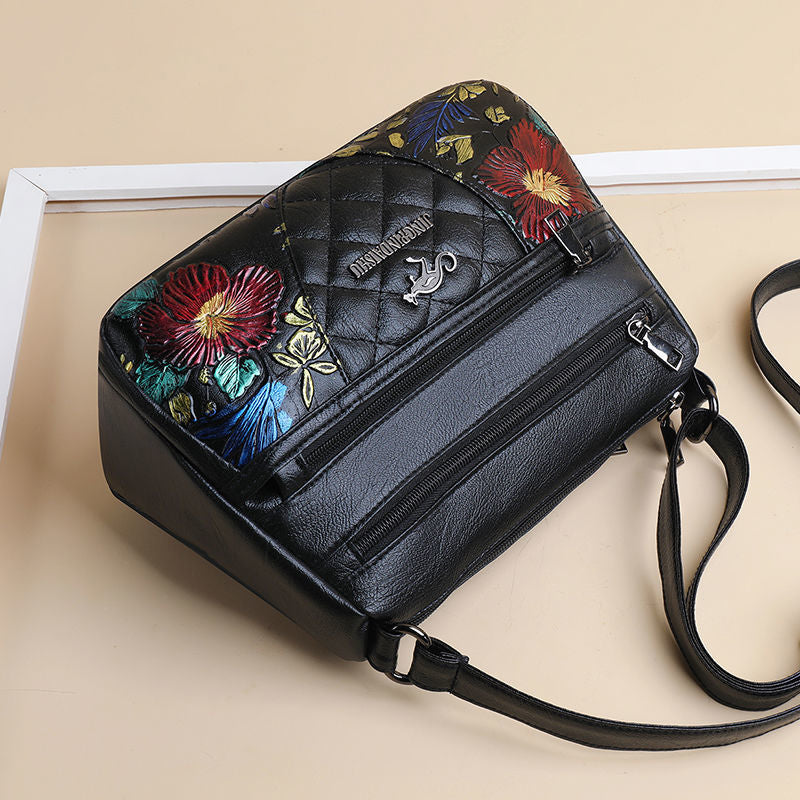 2024 new middle-aged mother bag pure hand-painted pattern fashionable large-capacity embroidery design multi-layer crossbody bag