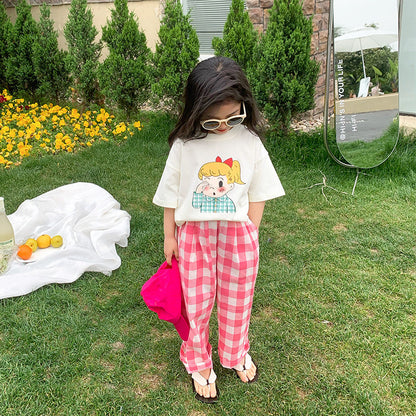 Korean children's clothing 2024 summer new style girls baby trendy cartoon doll print T-shirt children's short-sleeved top