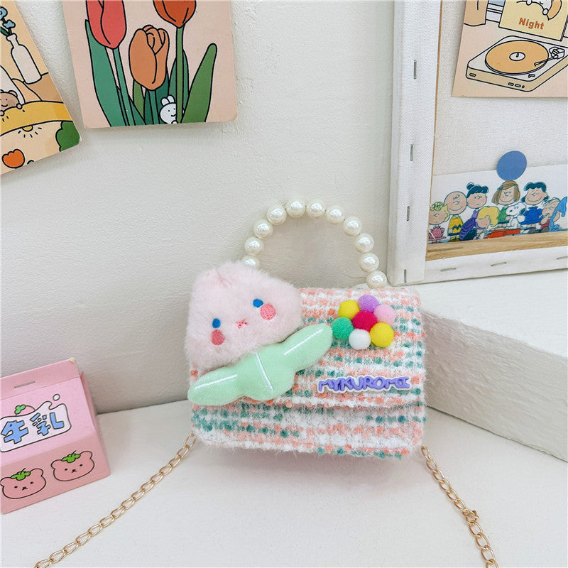 Cartoon cute children's small square bag fashionable pearl handbag versatile girl stylish chain shoulder crossbody backpack