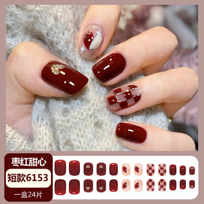 Wearable short style internet celebrity nail stickers wine red checkerboard nail art finished product detachable false nails wholesale