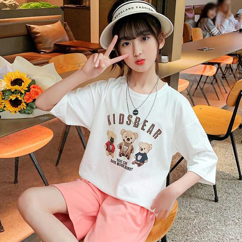 Girls summer short-sleeved T-shirt cotton loose elastic sweat-absorbent middle and large children primary school students junior high school students hypertrophy cartoon white tide