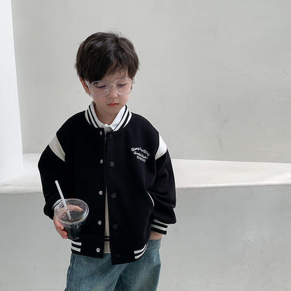 Amo Beibei children's Korean version jacket 2024 spring boys and girls baby color matching embroidered letters handsome baseball uniform