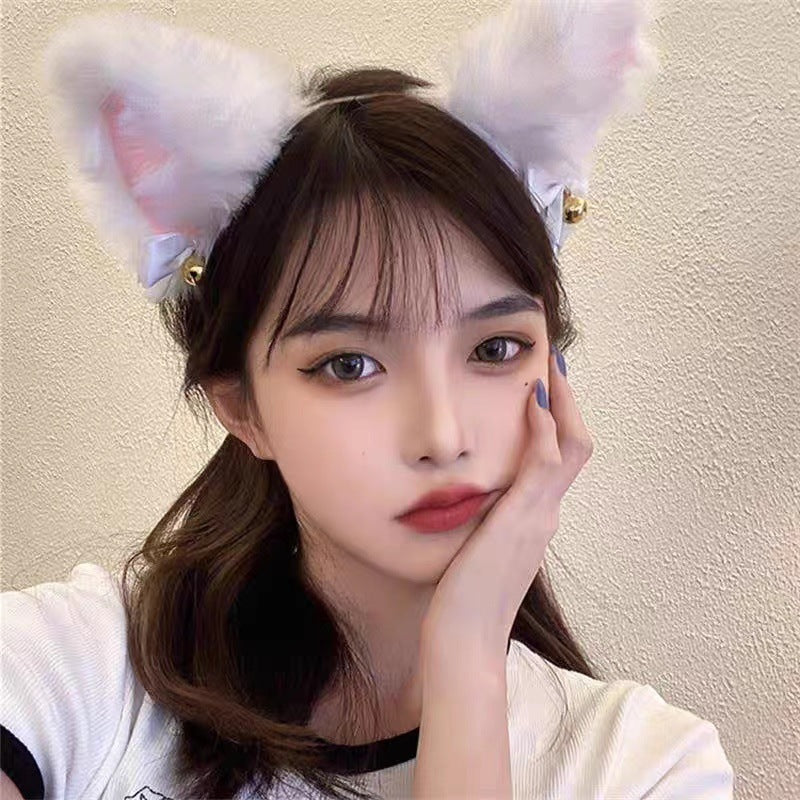 New luminous plush cat ear bell headband cos simulation fox face washing headband Japanese bow head