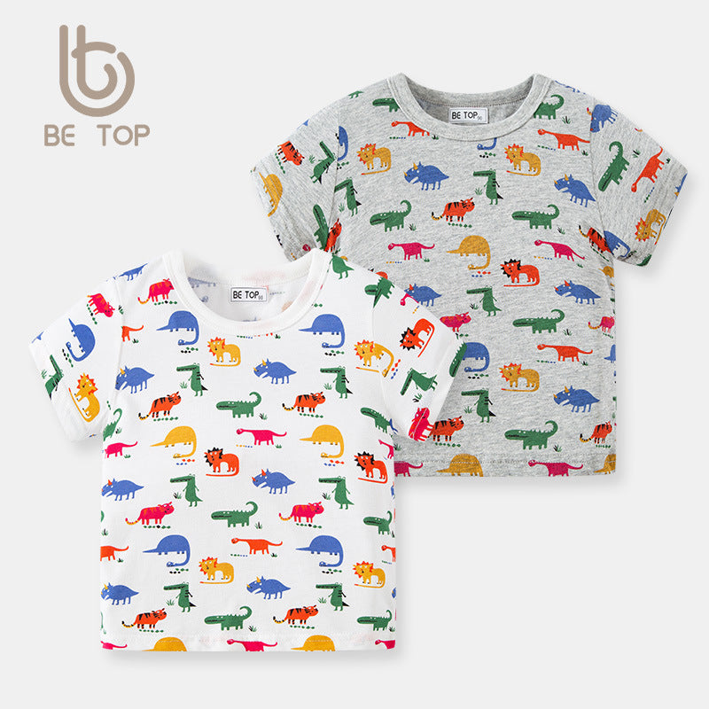 betop children's clothing 2024 summer new children's clothing children's full print dinosaur short-sleeved baby tops short-sleeved T-shirts