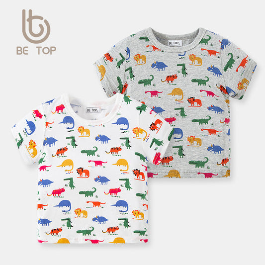 betop children's clothing 2024 summer new children's clothing children's full print dinosaur short-sleeved baby tops short-sleeved T-shirts