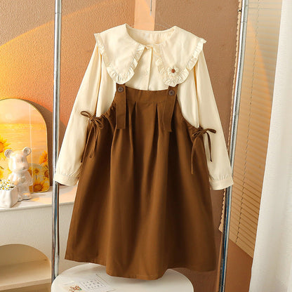 Girls 2024 autumn new suit overalls two-piece suit cotton Korean version of the college style student doll collar shirt