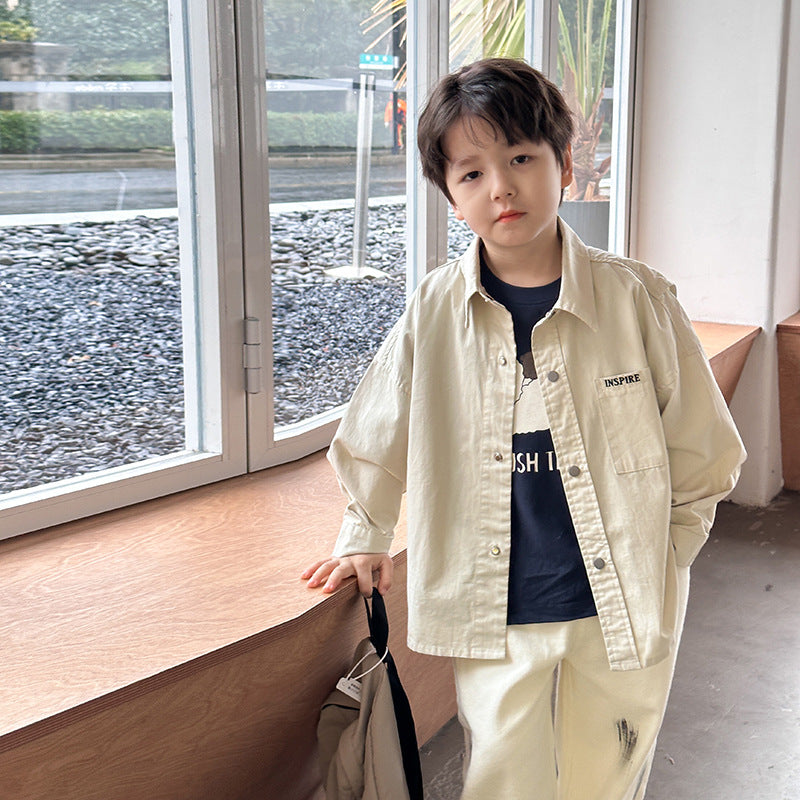 Amo Beibei 2024 Spring Children's Jacket Boys Handsome Letter Work Clothes Trendy Baby Fake Two-piece Cardigan