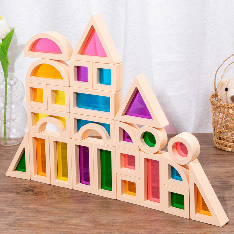 Children's wooden rainbow building blocks acrylic translucent building blocks baby creative building puzzle early education toys