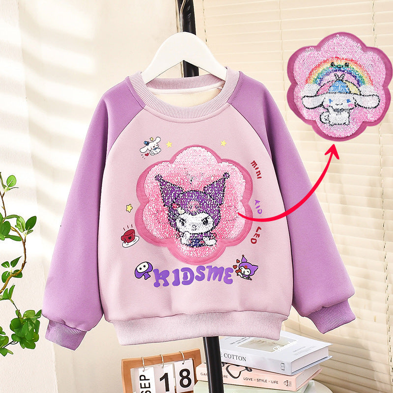 Girls' winter fleece bottoming shirt for girls, sequins, thickened, warm, soft outerwear, cartoon underwear for toddlers and children, internet celebrity