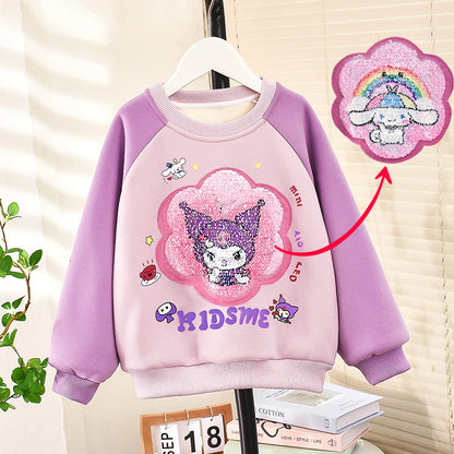 Girls' winter fleece bottoming shirt for girls, sequins, thickened, warm, soft outerwear, cartoon underwear for toddlers and children, internet celebrity