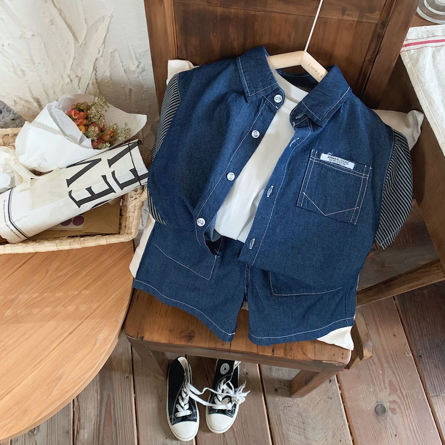 Children's suit 2023 Bangcheng summer style boys and small children Korean version striped splicing denim short-sleeved two-piece suit F0121