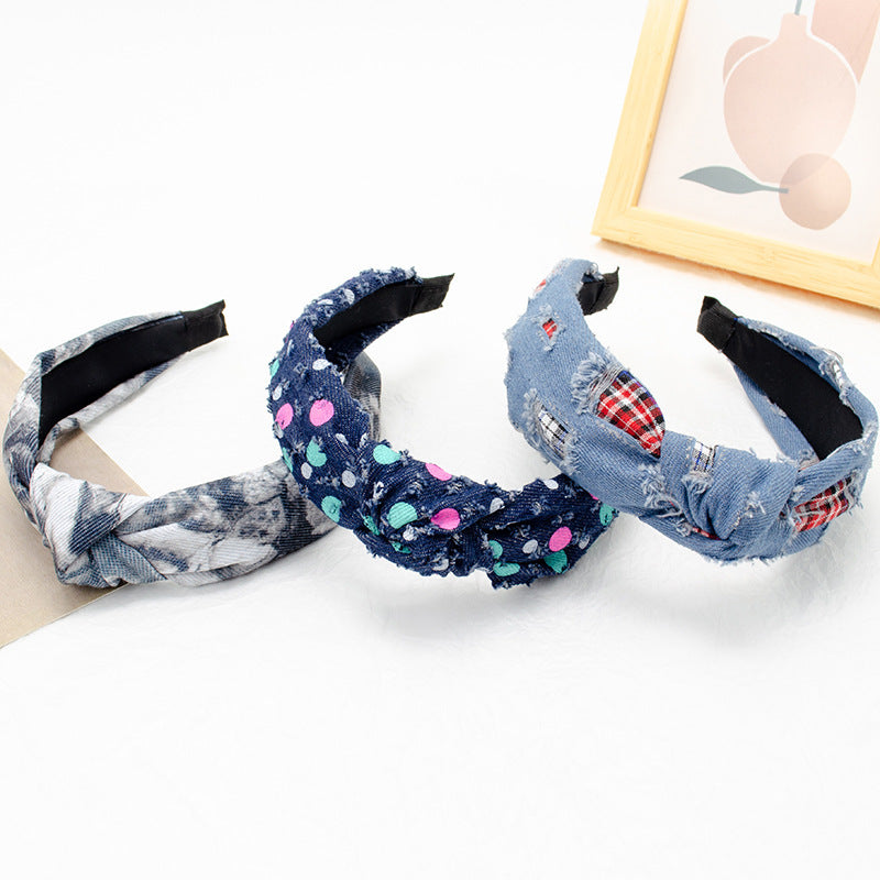 Cross-border new European and American headband women's Korean denim versatile temperament knotted head buckle wide-edge face washing headband hair cave women