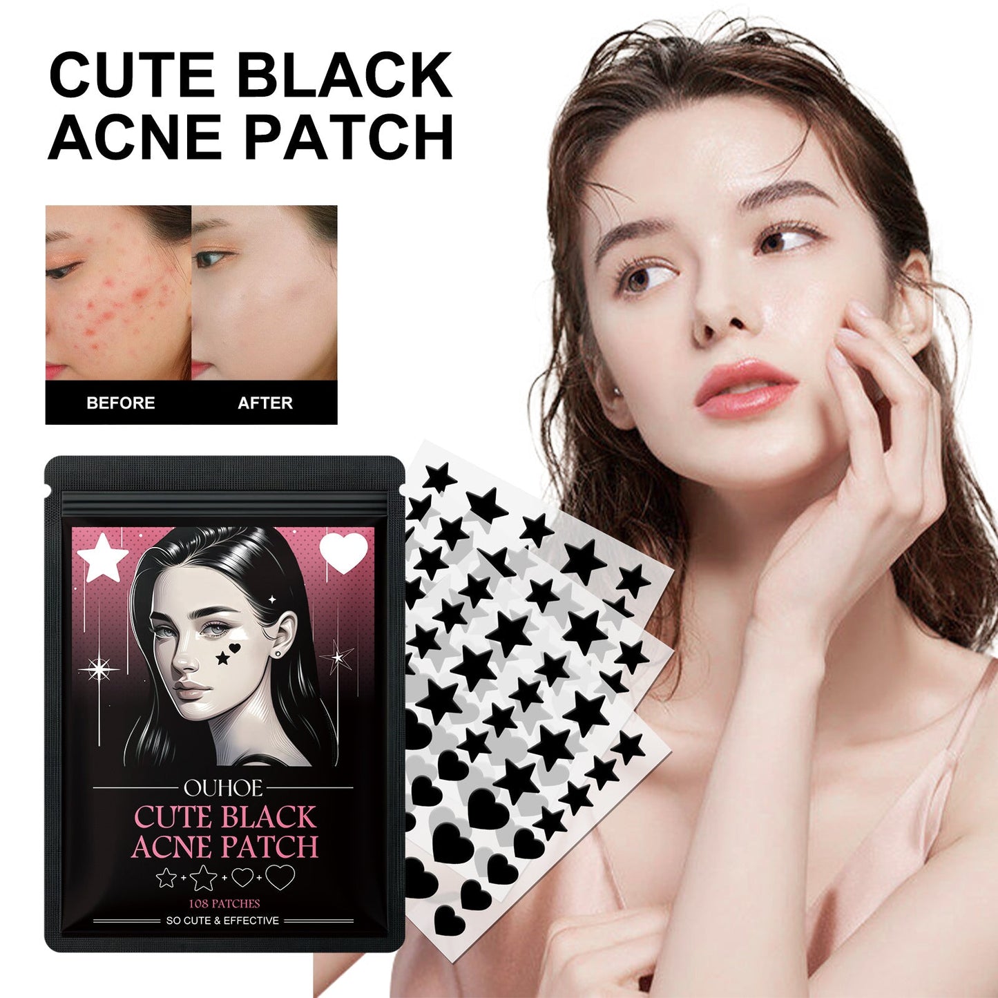 OUHOE Cute Black Acne Remover Patch Repairs Facial Facial Acne Patch បិទមាត់ បំបាត់មុនក្បាលខ្មៅ Cute Pattern Patch 