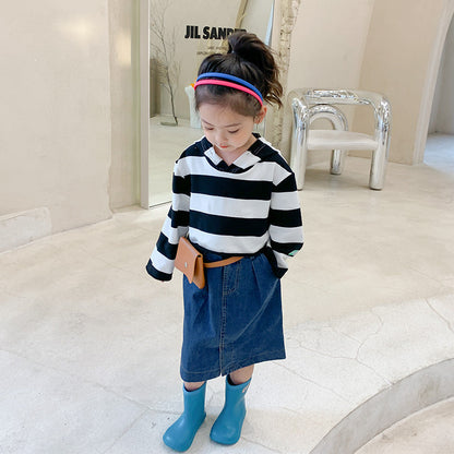 2021 Spring and Summer New Korean Version Small and Medium-sized Children's Girls Striped Short Long-sleeved Sweatshirt Fashion Hooded Sweatshirt Trend