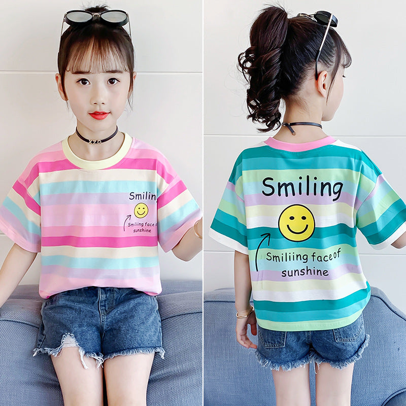 Girls summer T-shirt 2024 new medium and large children's striped color stripe short-sleeved top cotton rainbow casual T-shirt