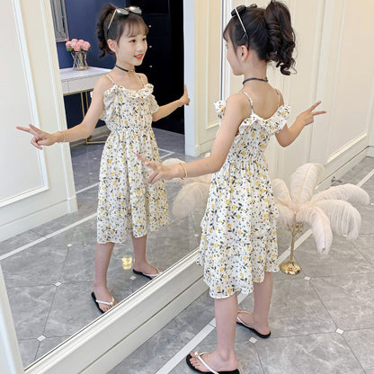 Girls suspender long skirt 2024 new summer clothes for middle and large children floral chiffon dress fashionable skirt trendy spring