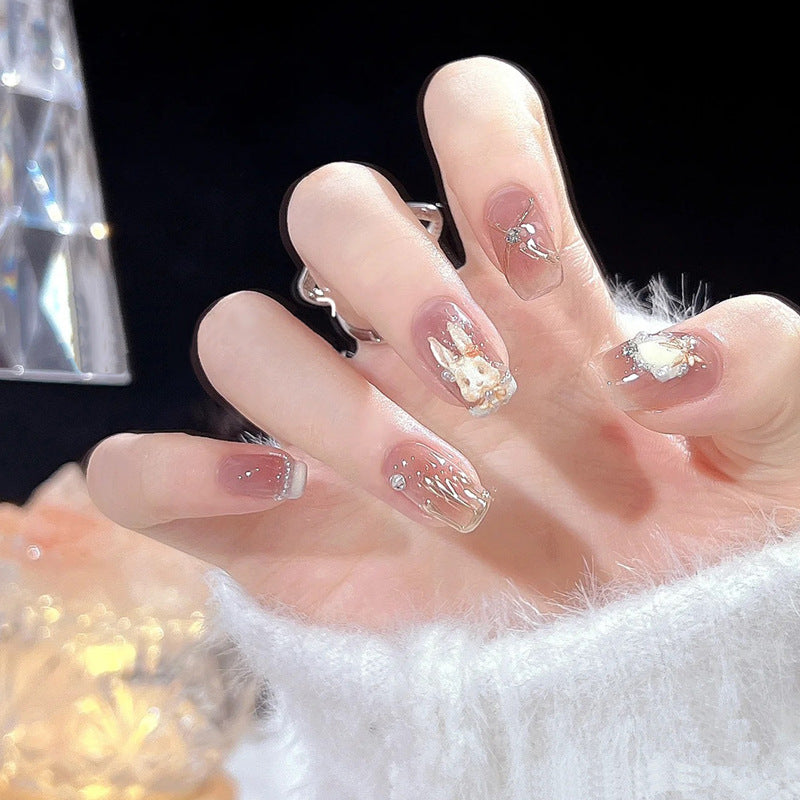 Internet celebrity wearable nail tips wholesale French simple ice transparent nail art finished product removable nail stickers jelly glue