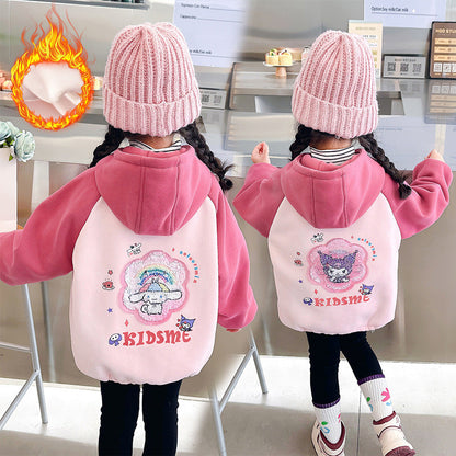 Girls autumn and winter thickened fleece jacket cardigan zipper Korean style sequins cartoon warm kindergarten children middle children