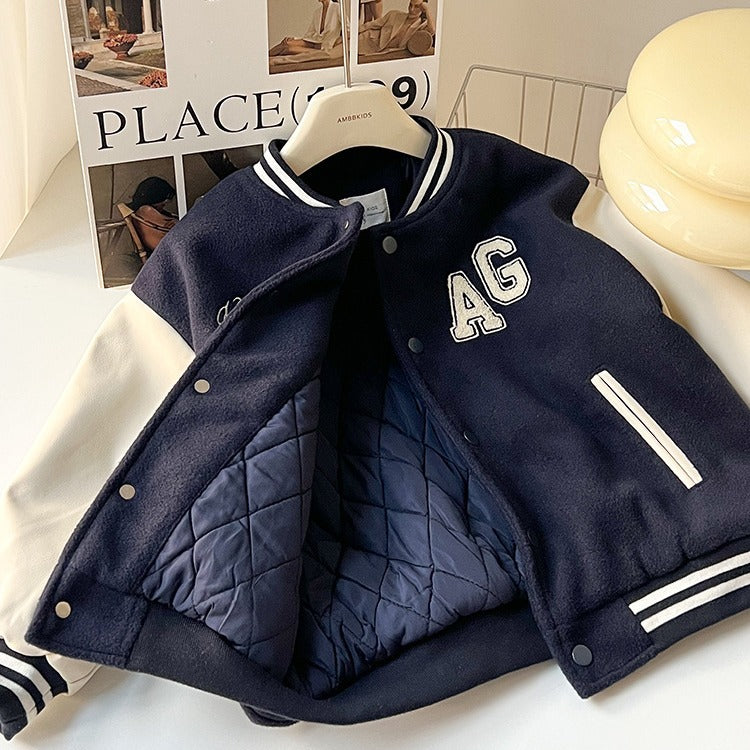 Amo Baby Children's 2023 Winter Thickened Padded Patch Letter Jacket Baby Splicing PU Sleeve Baseball Cotton Jacket