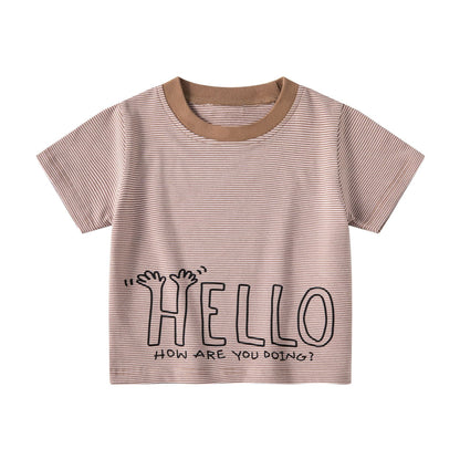 be top Korean version children's clothing letter stripes children's short-sleeved T-shirt pull-up loose style summer baby round neck half sleeve