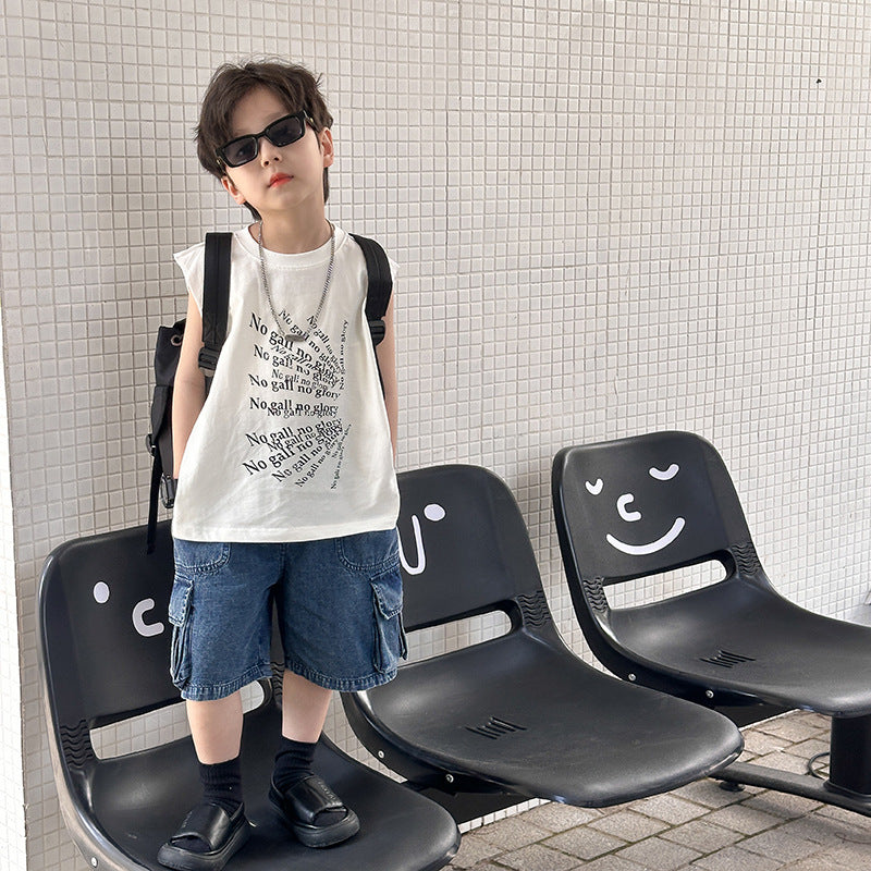 Amo Beibei children's tops 2024 boys summer style letter ice extract cotton comfortable vest baby loose bottoming shirt