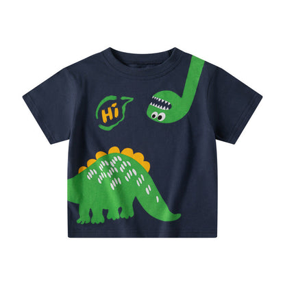 Cross-border children's clothing summer children's short-sleeved T-shirt boy baby top cartoon dinosaur round neck sweater one piece delivery