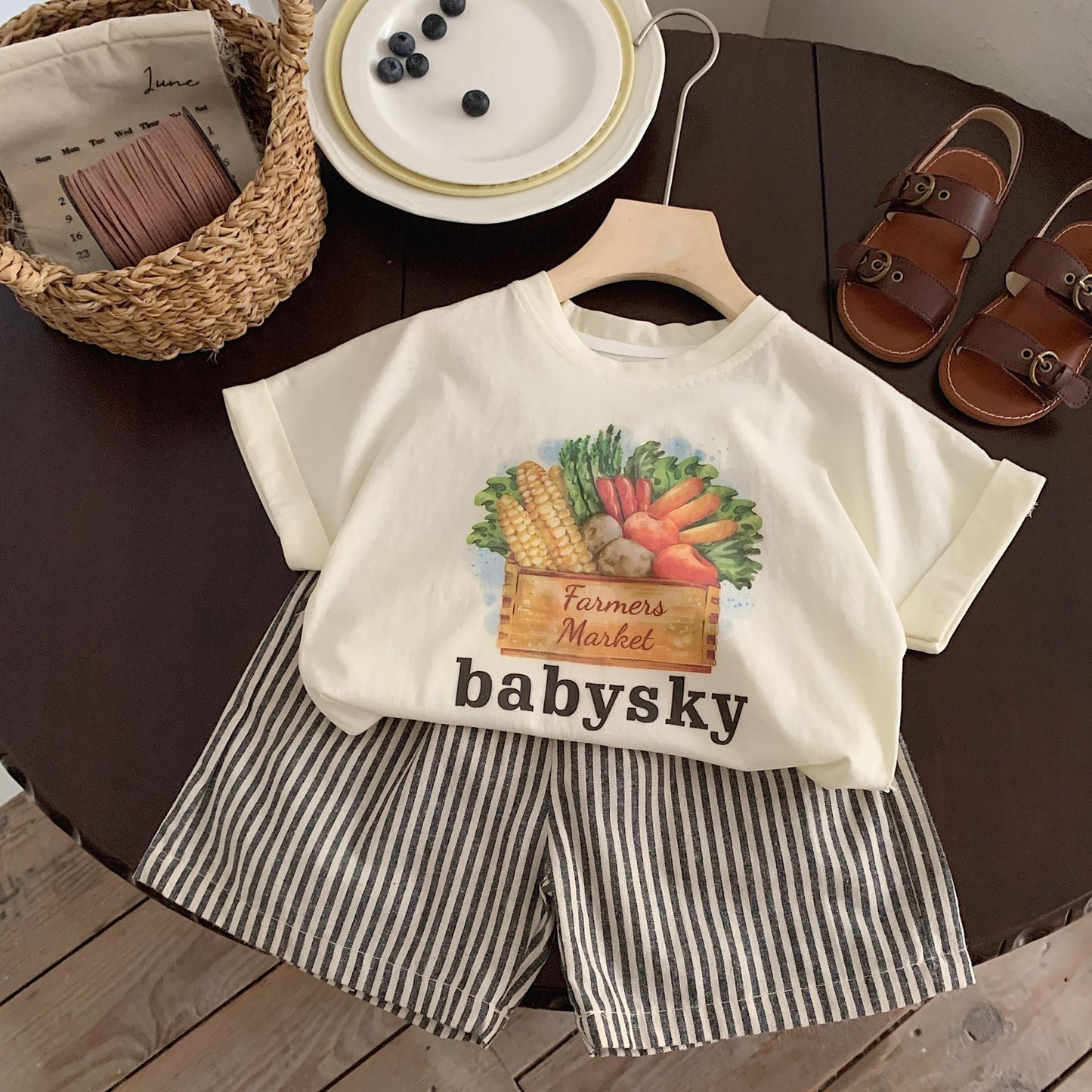 Children's suit Bangcheng 2024 summer boys two-piece suit fruit and vegetable short-sleeved + striped shorts new children's clothing G0216