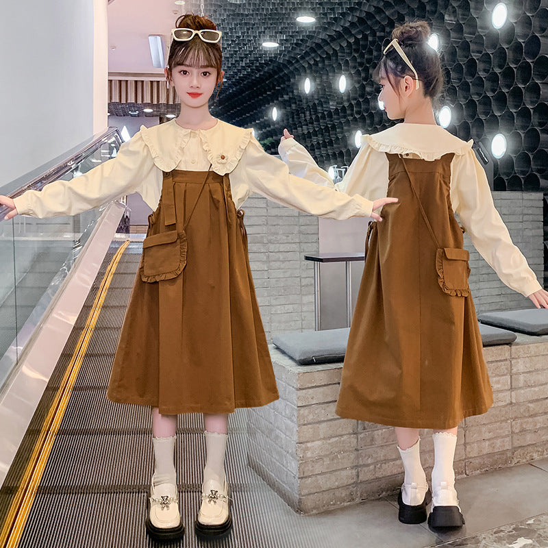 Girls 2024 new autum suit suits overalls two-piece set 100% cotton 100% Korean style college style shirt collar collar អាវនិស្សិត