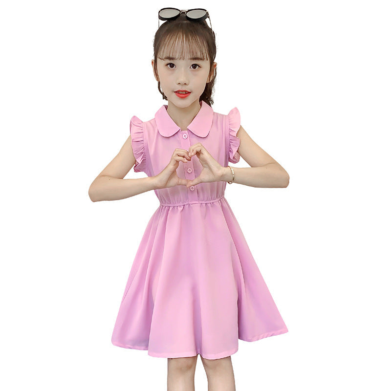 Girls summer clothes 2024 new children's dresses for middle and large children, stylish solid color chiffon skirts for girls, thin princess skirts