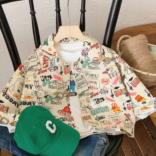 Children's denim jacket Bangcheng 2024 spring new cotton boy graffiti cardigan Huzhou children's clothing trend G0035