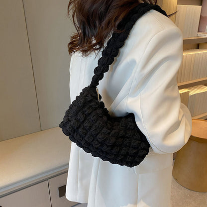 Korean ins girly heart pleated bubble shoulder bag underarm bag hand-held small fresh bag female canvas shopping bag